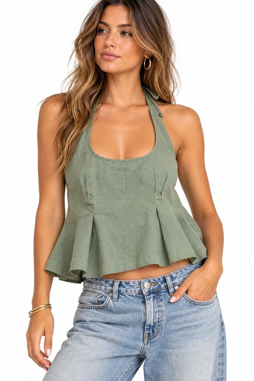 Free People Lily Pad Halter Top XS Green Linen Cotton Peplum NWT